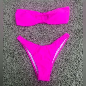 Hot Pink Solid Bikini Set Knot Decor Bandeau Top & High Cut Bottom
